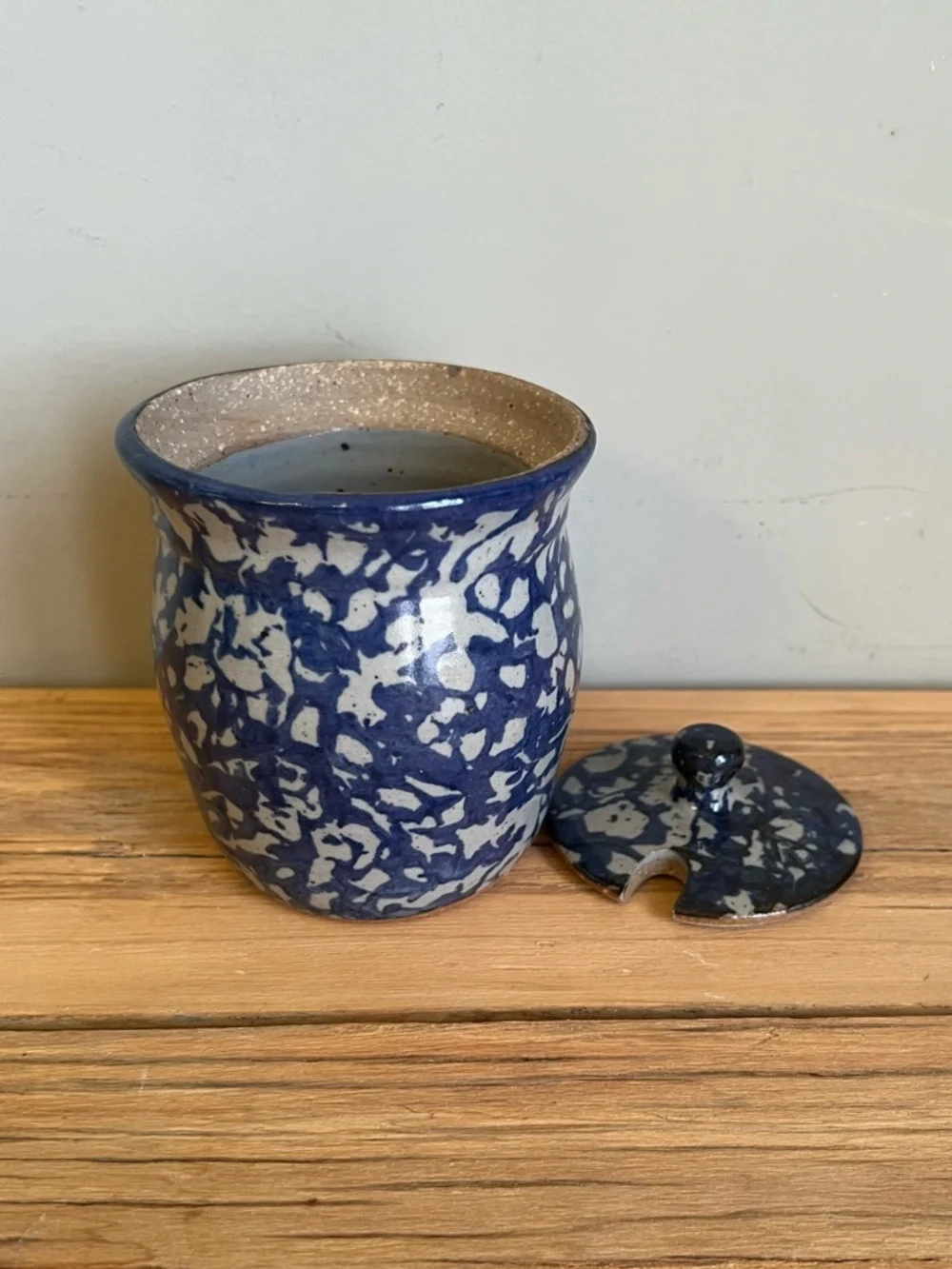 Bastine Pottery Indiana Blue Spongeware Stoneware Lidded Jar